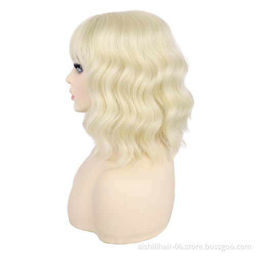 wholesale cheap bob blone color water wave wigs with bangs synthetic hair wig for women